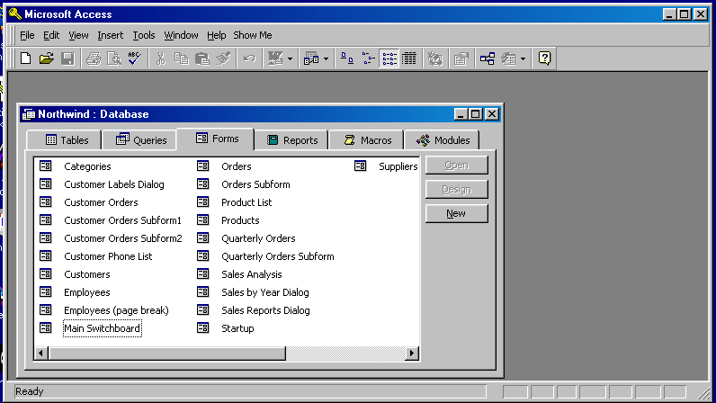 an Access 97 database open and ready for use